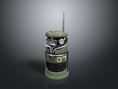 Green Cylindrical Military Weapon with Number 07 Antenna Like Top and Metallic Surface 3d model