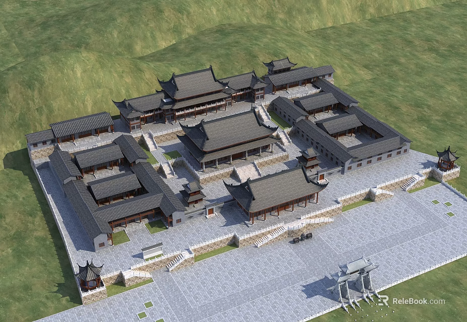 Ancient Chinese Architecture Complex With Courtyard Layout And Traditional Roofs 3d model 