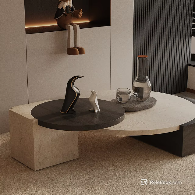 Modern Sofa Coffee Table Set With Round Top Penguin Decor And Beige Square Base 3d model