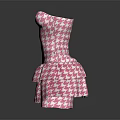 Fashionable Pink And White Houndstooth Strapless Dress With Layered Skirt Design