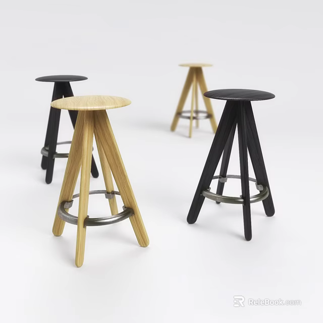 Modern Bar Stools With Black And Wooden Design Featuring Metal Ring Details 3d model 