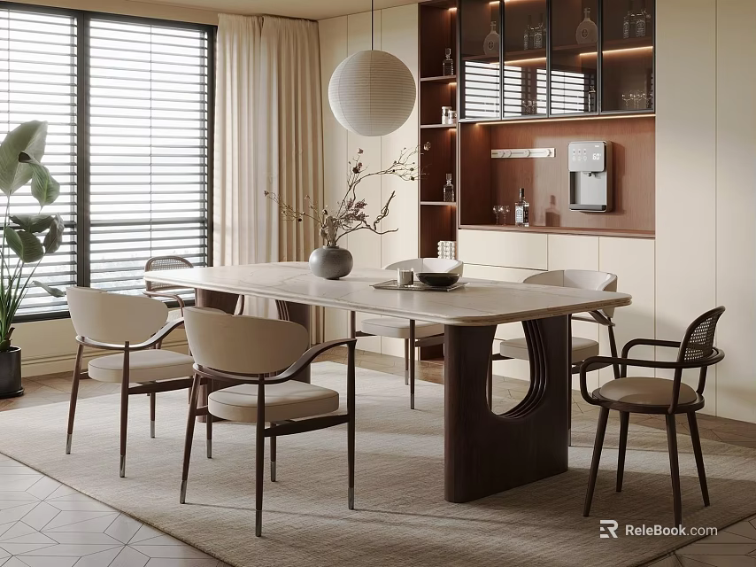 Stylish Restaurant Interior With Dining Table Chairs Pendant Light And Floor to Ceiling Windows 3d model 
