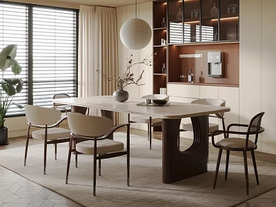 Stylish Restaurant Interior With Dining Table Chairs Pendant Light And Floor to Ceiling Windows 3d model