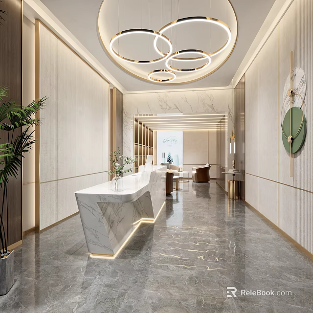 Modern Beauty Hair Salon Interior With Marble Reception Desk Circular Pendant Lights And Green Plants 3d model 
