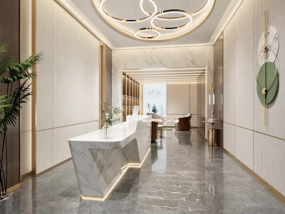Modern Beauty Hair Salon Interior With Marble Reception Desk Circular Pendant Lights And Green Plants 3d model