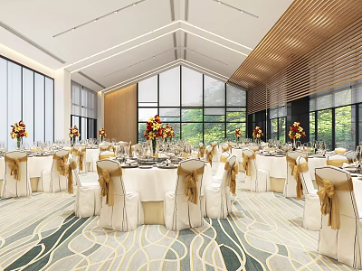 Banquet Hall With Set Tables White Tablecloths Golden Chair Sashes Flower Centerpieces And Large Windows 3d model