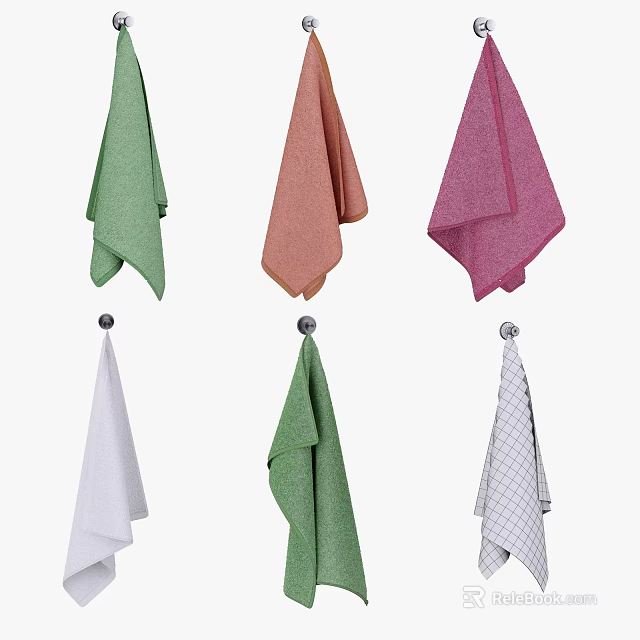 Hooks Hanging Colorful Towels In Green Orange Pink White And Checkered Patterns 3d model 
