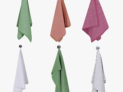 Hooks Hanging Colorful Towels In Green Orange Pink White And Checkered Patterns 3d model