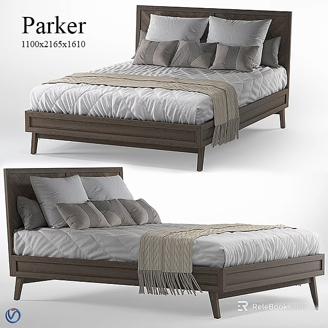 Modern Wooden Bed Frame With Gray Pillows White Bedspread And Fringed Blanket 3d model 