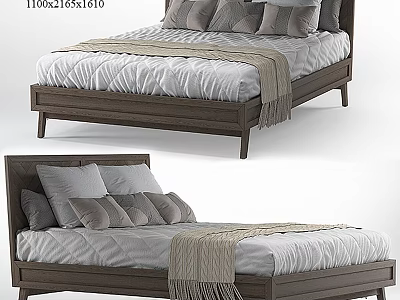 Modern Wooden Bed Frame With Gray Pillows White Bedspread And Fringed Blanket 3d model