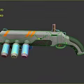 Futuristic Gray Pistol With Orange Stripes Three Blue Cylindrical Parts And Black Grip