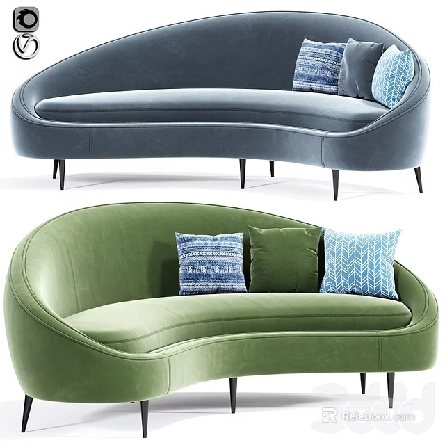 Blue and Green Curved Single Sofas with Decorative Pillows and Black Legs 3d model
