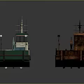 Modern Green Red Watercraft With Cabins Blue Containers And Rusted Brown Deck Vintage Vessel