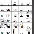 Traditional Ceramic Tea Set Collection With Various Teapots And Display Shelf 3d model