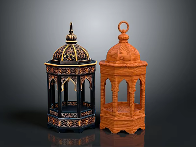 Traditional Decorative Lanterns With Black Gold Accents And Orange Arched Designs 3d model