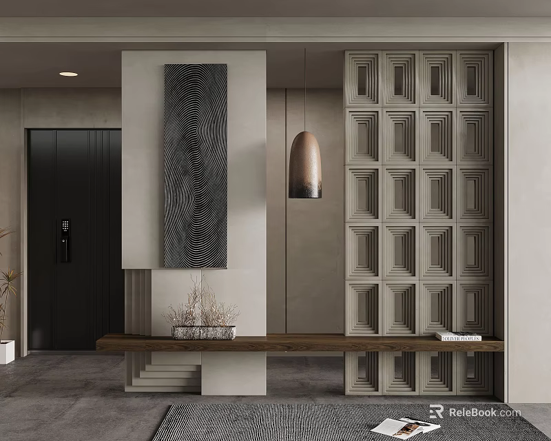 Modern Elegant Entryway Interior Design With Wooden Bench Geometric Wall Paneling And Pendant Light 3d model 