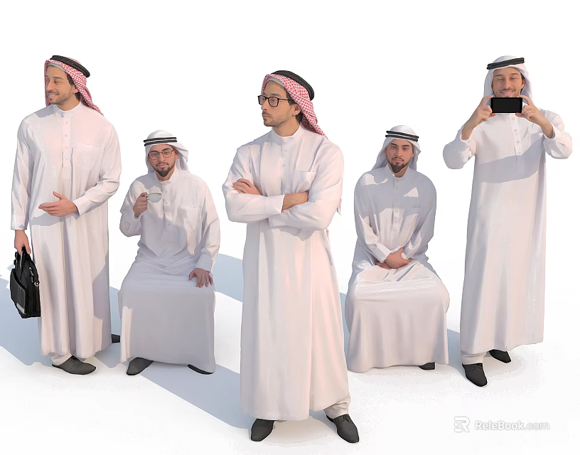 Group of Men in Traditional White Robes and Headscarves Standing Sitting Using Phone Holding Bag 3d model 