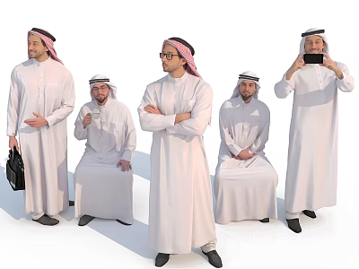 Group of Men in Traditional White Robes and Headscarves Standing Sitting Using Phone Holding Bag 3d model
