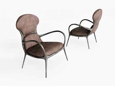 Two Brown Upholstered Accent Chairs With Curved Arms And Slim Metal Legs 3d model