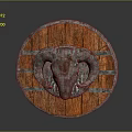 Circular Wooden Shield with Ram Head Decoration Metal Strips and Wood Grain