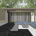 Modern Garden Landscape With Water Pond Wooden Pavilion Outdoor Seating And Lush Greenery