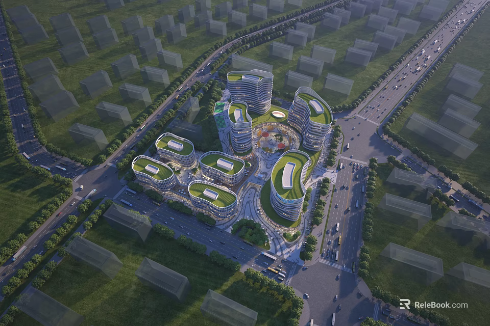 Modern Office Building Complex with Green Roofs and Contemporary Architectural Design in Urban Area 3d model 