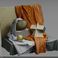 Still Life Composition With Orange Gray Fabrics Clay Pot Geometric Shape And Wooden Board