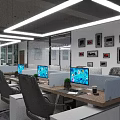 Modern Public Office Space With Workstations Computer Monitors Office Chairs Framed Artworks And Ceiling Lights