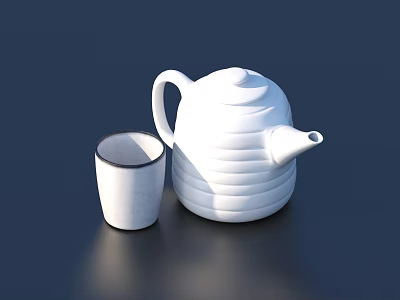 White Tableware Set With Striped Teapot And Black Rim Cup 3d model