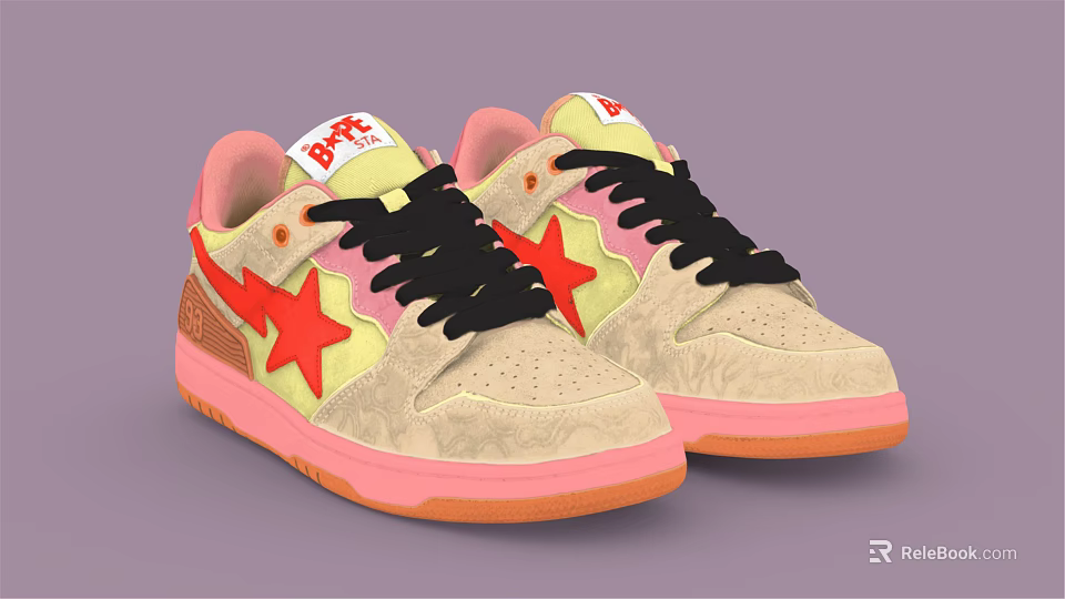 Beige Sneakers With Pink Sole Red Star Design Black Laces And Pink Tongue 3d model 