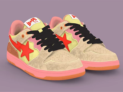 Beige Sneakers With Pink Sole Red Star Design Black Laces And Pink Tongue 3d model