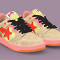 Beige Sneakers With Pink Sole Red Star Design Black Laces And Pink Tongue
