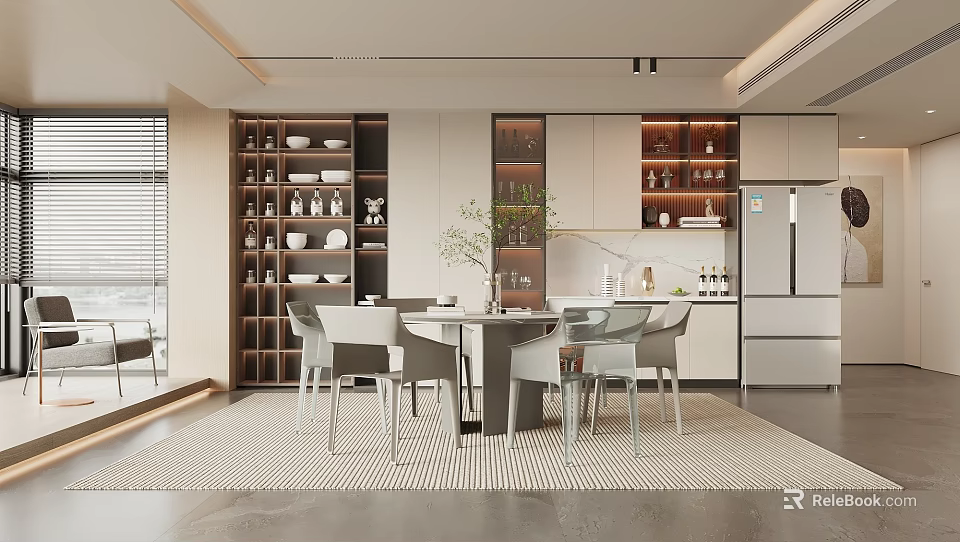 Modern Style Restaurant Open Design With Dining Table Chairs Storage Cabinets Tableware And Green Plants 3d model 