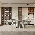 Modern Style Restaurant Open Design With Dining Table Chairs Storage Cabinets Tableware And Green Plants