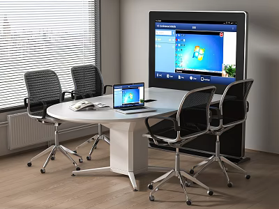 Round White Conference Table With Four Black Office Chairs And Laptop On Top 3d model