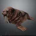 Pink Walrus 3D Model With Long White Tusks On Dark Background