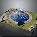 Iconic White Spiked Building With Blue Dome In Circular Plaza And Green Surroundings