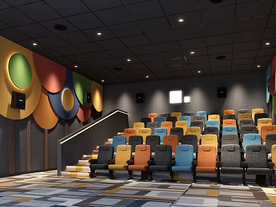 Modern Cinema Interior With Colorful Seating Circular Wall Decor And Ceiling Lighting 3d model