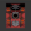 Red Themed Cartoon Scene Featuring Mechanical Structure Control Panel Circular Window And Glowing Details