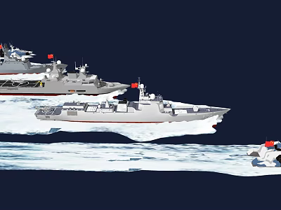 Modern High Speed Warship Sailing on Open Sea with Waves and Water Splashes 3d model