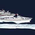 Modern High Speed Warship Sailing on Open Sea with Waves and Water Splashes