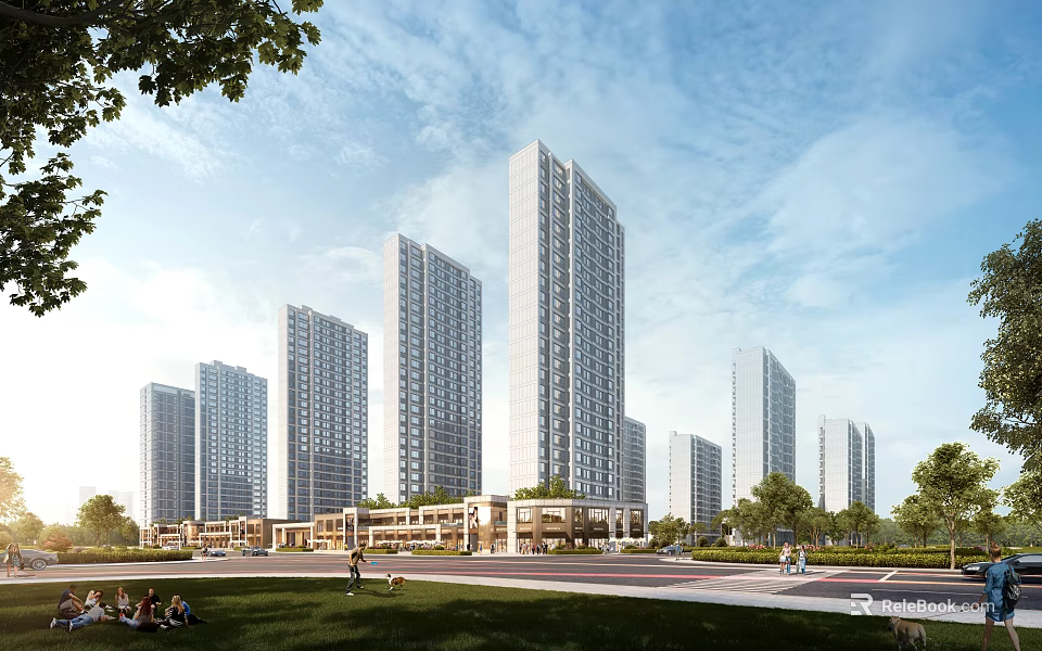 Modern High Rise Residential Buildings With Green Lawn Trees And Community Square 3d model 