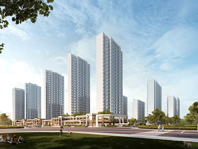 Modern High Rise Residential Buildings With Green Lawn Trees And Community Square 3d model