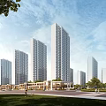 Modern High Rise Residential Buildings With Green Lawn Trees And Community Square