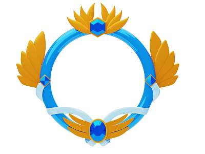 Decorative Circular Ornament With Blue Ring Yellow Wings And Blue Gemstones 3d model