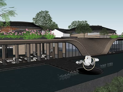 Modern Cultural Center With Green Roof Courtyard And Glass Facade Design 3d model