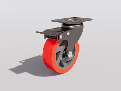 Red Wheel Caster With Black Base Metal Bracket And Brake 3d model