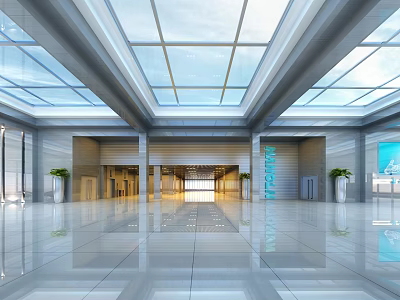 Modern Hotel Lobby Interior With Glass Ceiling Marble Floor And Green Plants 3d model