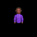 Cartoon Woman with Long Brown Hair Smiling Closed Eyes in Purple Hoodie with White Drawstrings