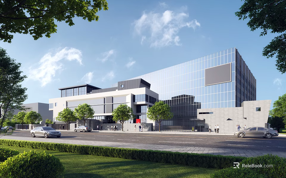 Modern Office Building With Glass Curtain Walls Surrounded By Trees Lawns And Urban Street 3d model 